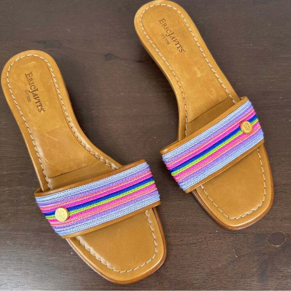 Eric Javits Sandals Womens 8 Multi Color Rainbow Stripe Open Toe Summer Slides